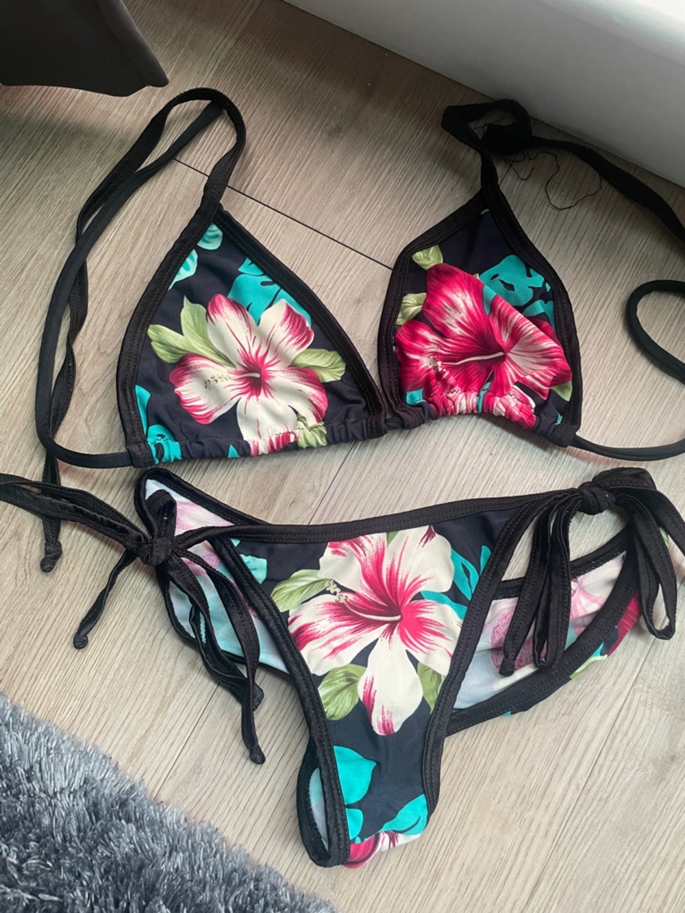 Black Floral Tie-Side cheeky, Triangle Bikini - Pink & Teal Hibiscus
